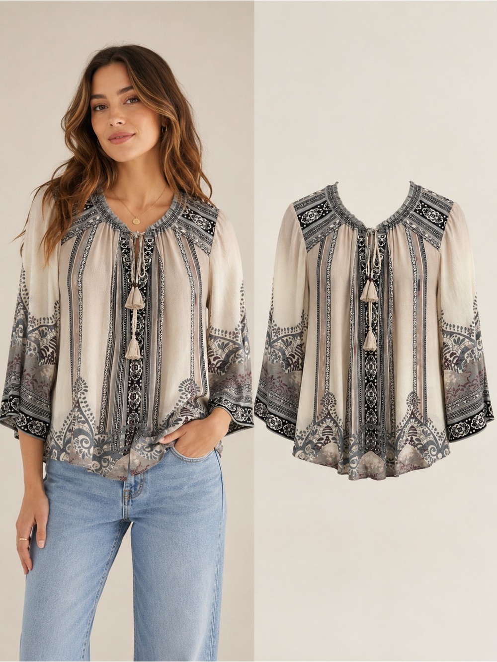 HALE BOB | Boho Printed Tassel Peasant Blouse | Beige Gray | Medium
